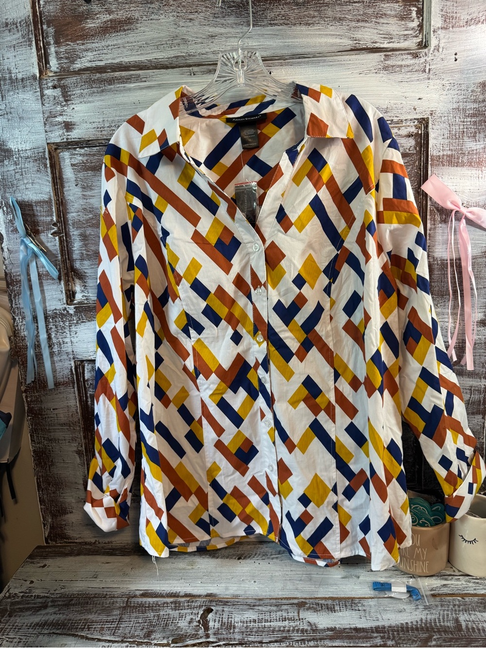 Ashley Stewart White Button-Down Shirt with Navy, Mustard & Rust Geometric Print